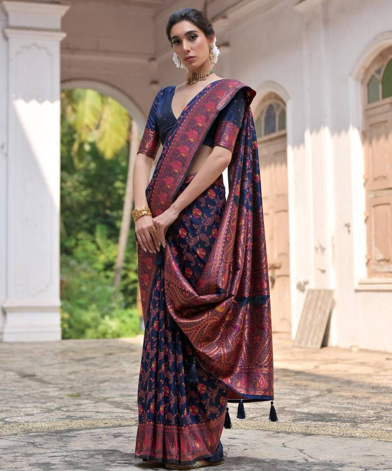 navy blue solid pashimina silk saree with blouse