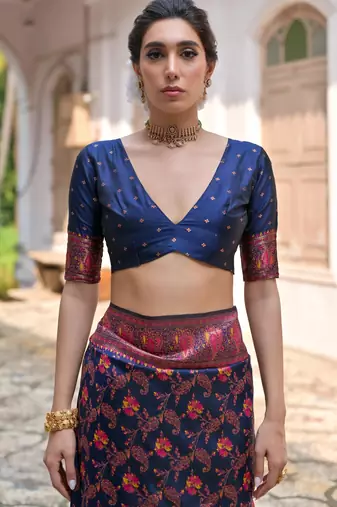 navy blue solid pashimina silk saree with blouse
