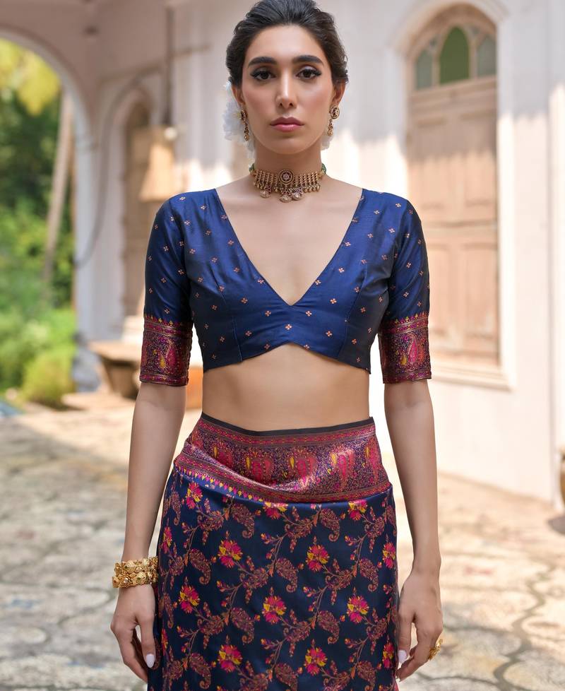 navy blue solid pashimina silk saree with blouse
