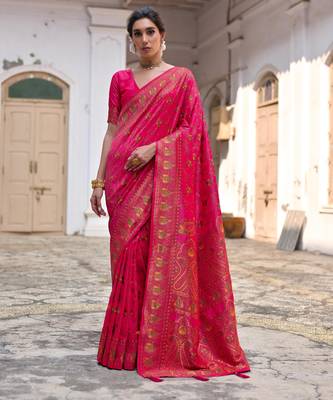 pink solid pashimina silk saree with blouse 1