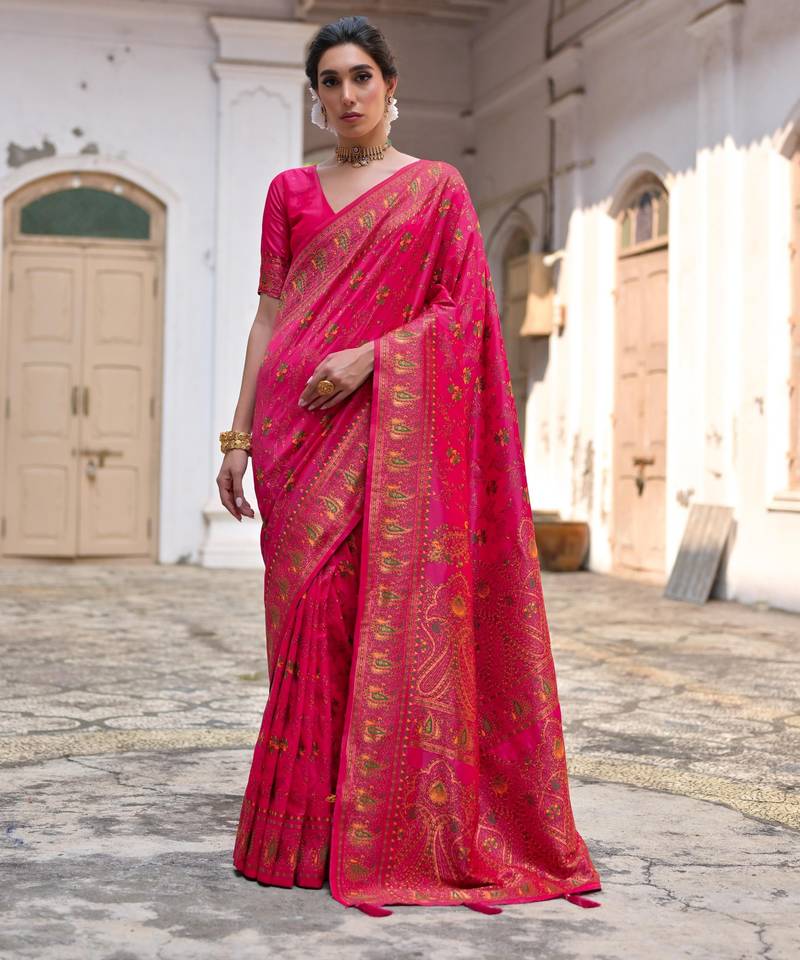 pink solid pashimina silk saree with blouse