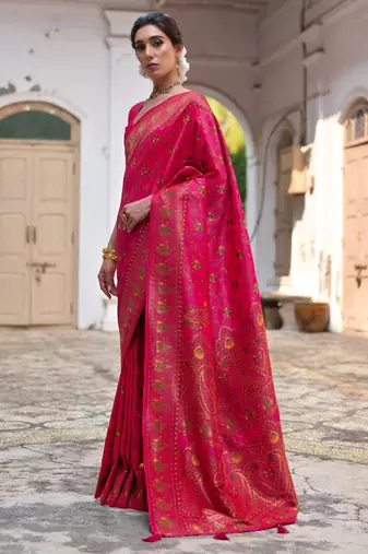pink solid pashimina silk saree with blouse