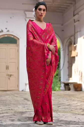 pink solid pashimina silk saree with blouse