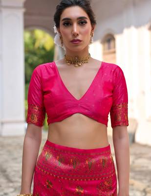 pink solid pashimina silk saree with blouse 4