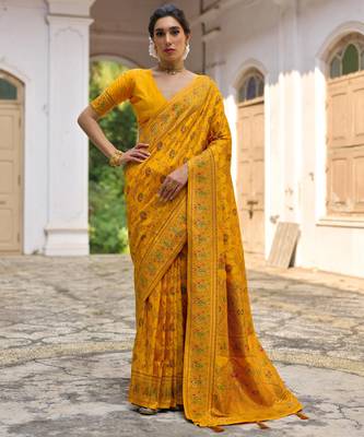 yellow solid pashimina silk saree with blouse 1