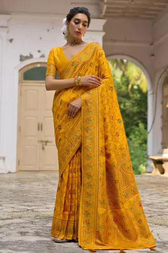 yellow solid pashimina silk saree with blouse