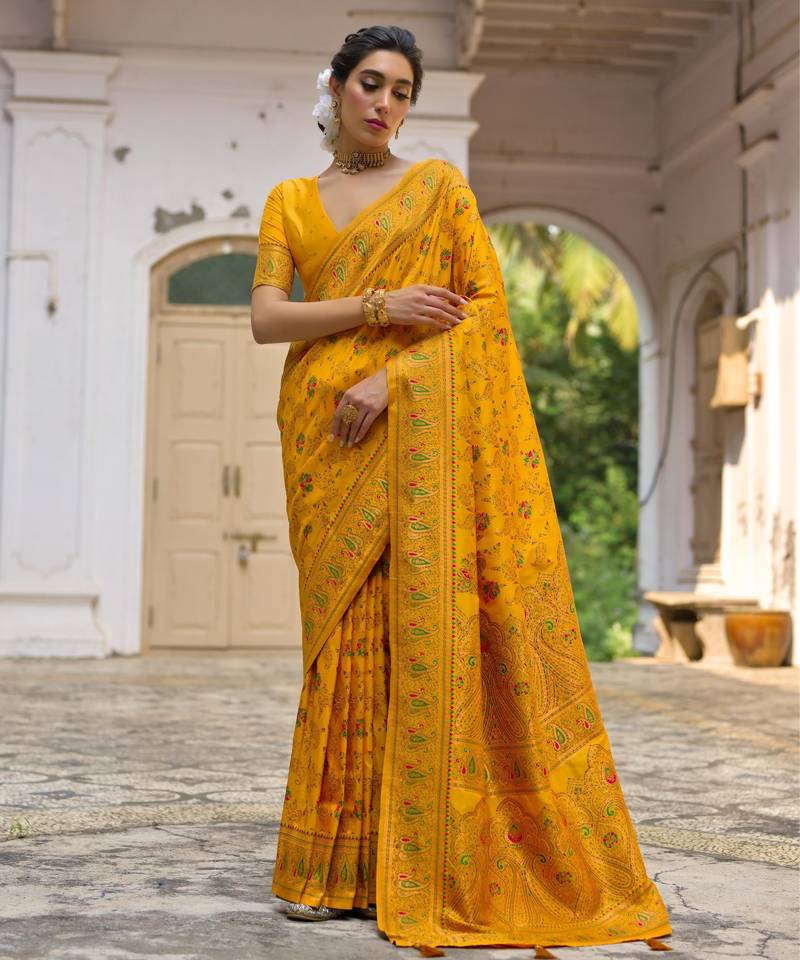 yellow solid pashimina silk saree with blouse