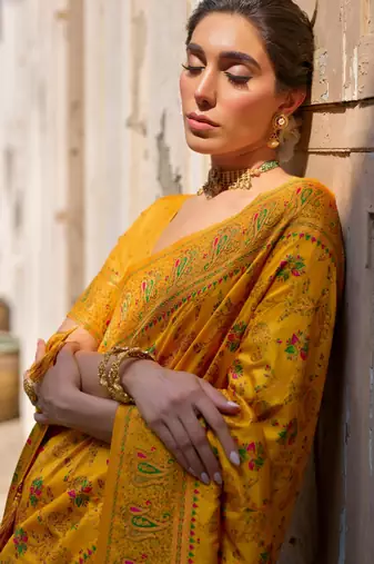 yellow solid pashimina silk saree with blouse
