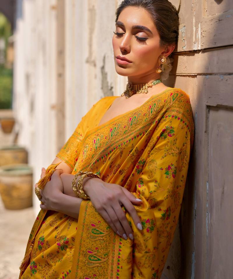yellow solid pashimina silk saree with blouse