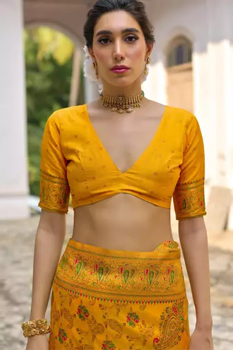 yellow solid pashimina silk saree with blouse