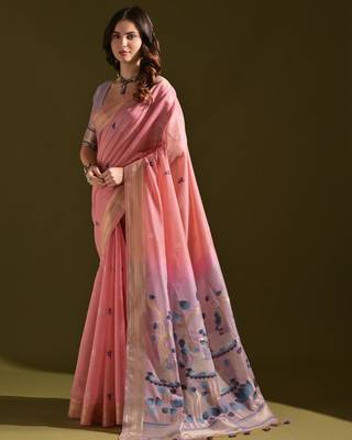 pink solid blended cotton saree with blouse 1