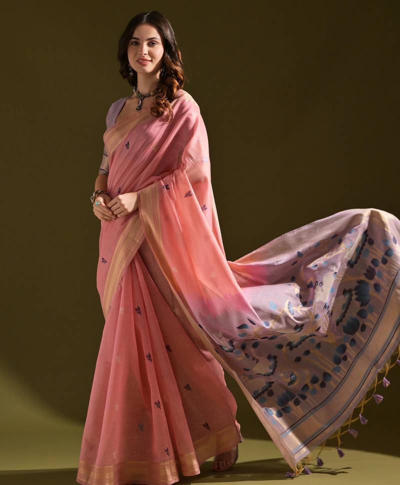 pink solid blended cotton saree with blouse