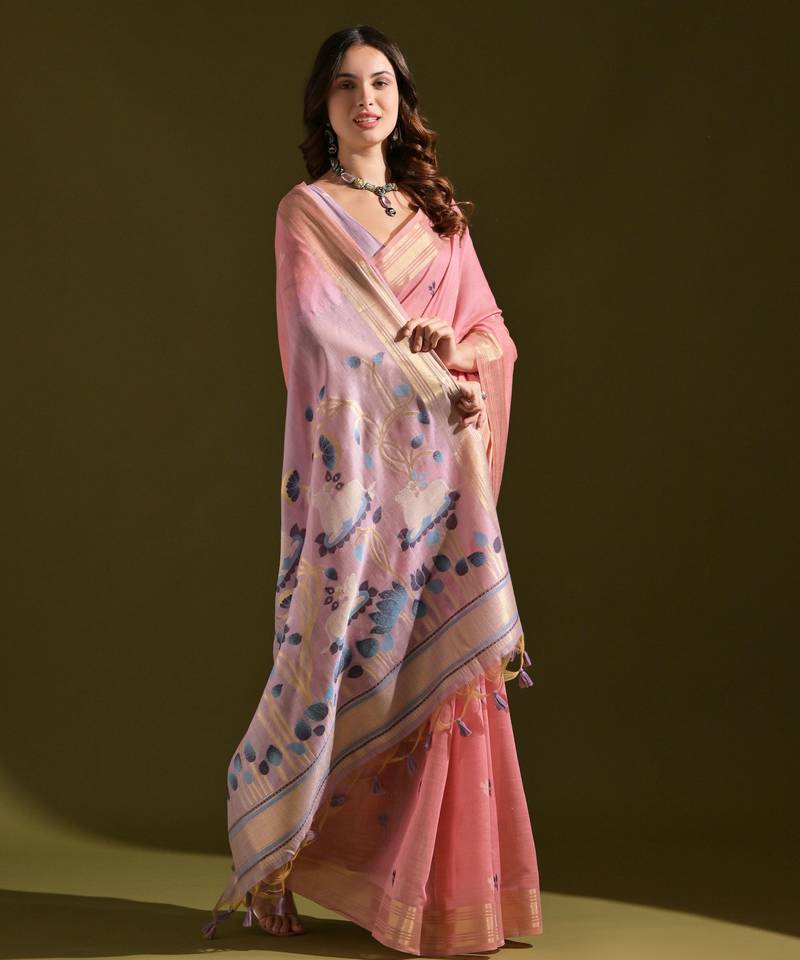 pink solid blended cotton saree with blouse