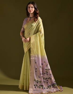 green solid blended cotton saree with blouse 1