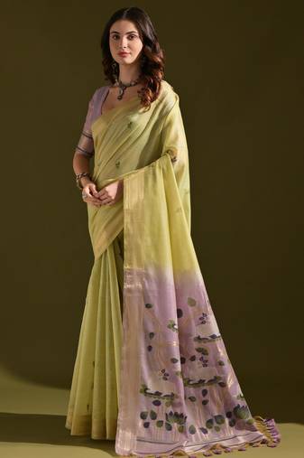 green solid blended cotton saree with blouse