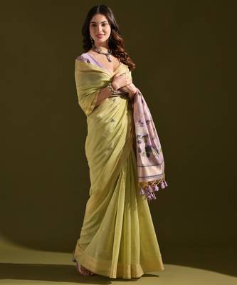 green solid blended cotton saree with blouse 2