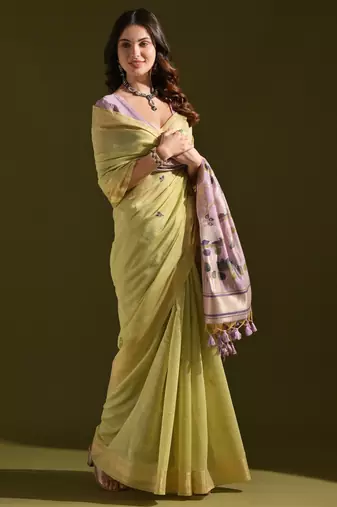 green solid blended cotton saree with blouse