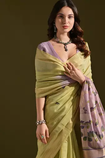 green solid blended cotton saree with blouse