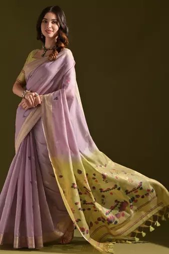 purple solid blended cotton saree with blouse