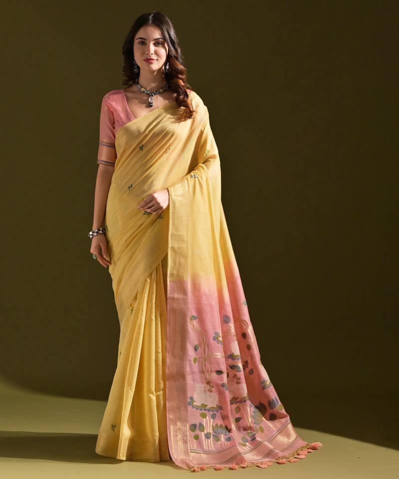 yellow solid blended cotton saree with blouse