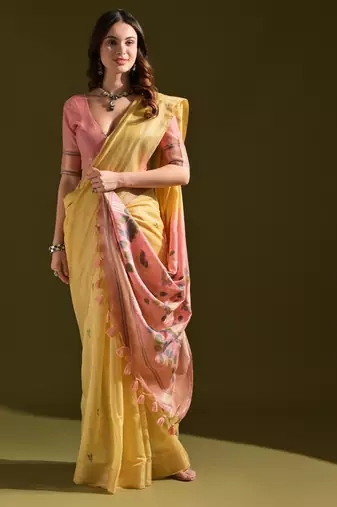 yellow solid blended cotton saree with blouse