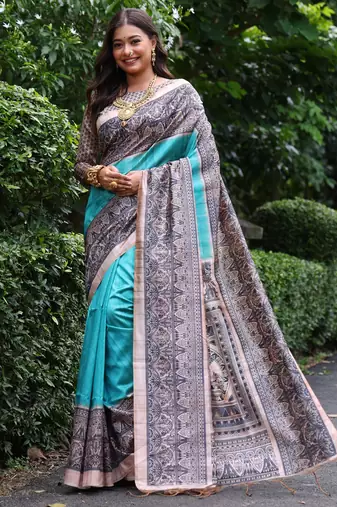 blue solid tussar silk saree with blouse