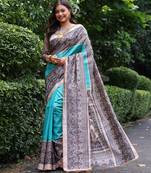 blue solid tussar silk saree with blouse
