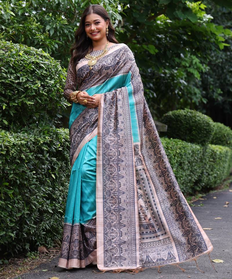 blue solid tussar silk saree with blouse