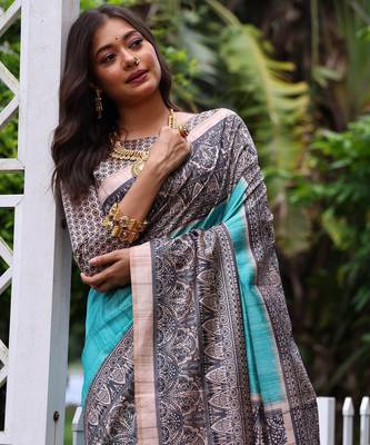 blue solid tussar silk saree with blouse 3