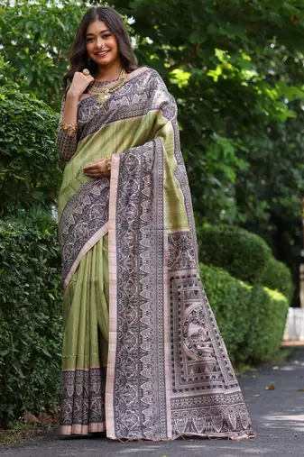 green solid tussar silk saree with blouse