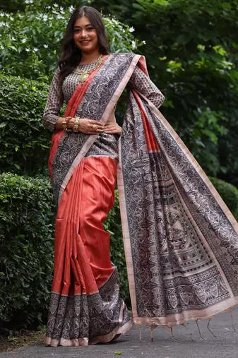 orange solid tussar silk saree with blouse
