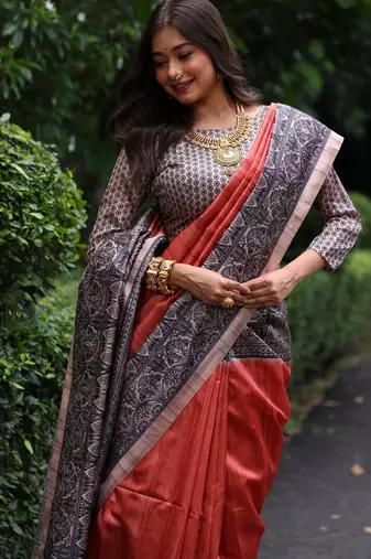 orange solid tussar silk saree with blouse