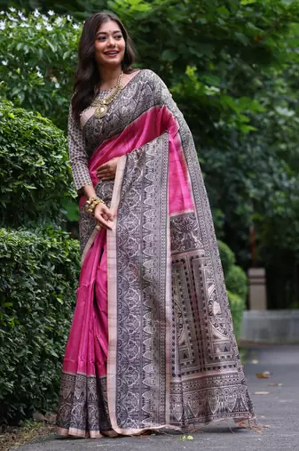 pink solid tussar silk saree with blouse