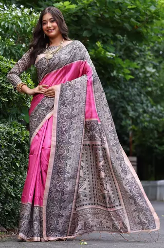 pink solid tussar silk saree with blouse
