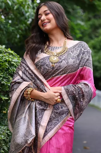 pink solid tussar silk saree with blouse
