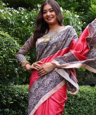 red solid tussar silk saree with blouse 2