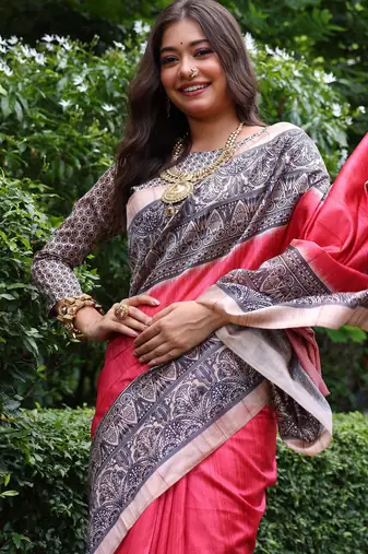 red solid tussar silk saree with blouse