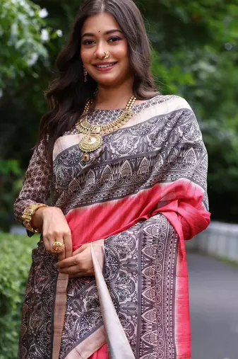 red solid tussar silk saree with blouse