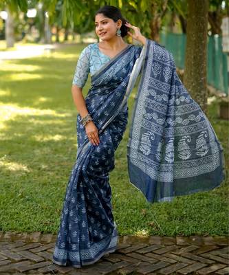 blue solid silk blend saree with blouse 1