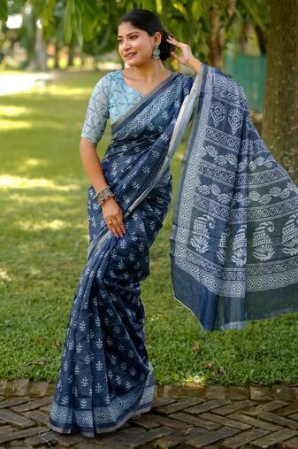 blue solid silk blend saree with blouse