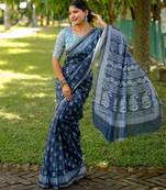 blue solid silk blend saree with blouse