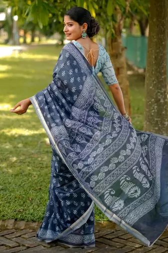 blue solid silk blend saree with blouse