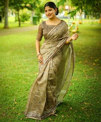 olive solid silk blend saree with blouse 1