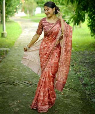 orange solid silk blend saree with blouse 1