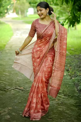 orange solid silk blend saree with blouse