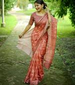 orange solid silk blend saree with blouse