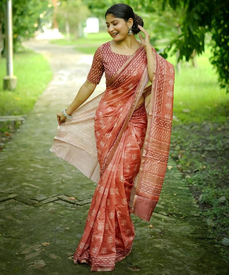 orange solid silk blend saree with blouse