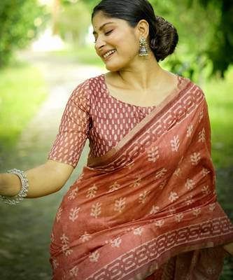 orange solid silk blend saree with blouse 3