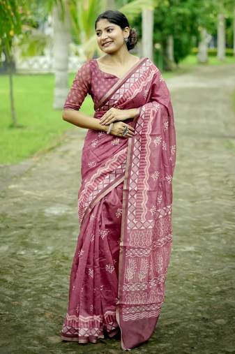 pink solid silk blend saree with blouse