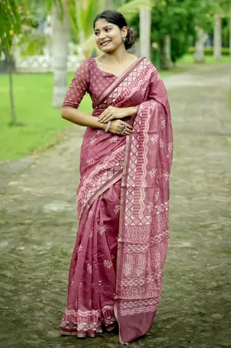 pink solid silk blend saree with blouse